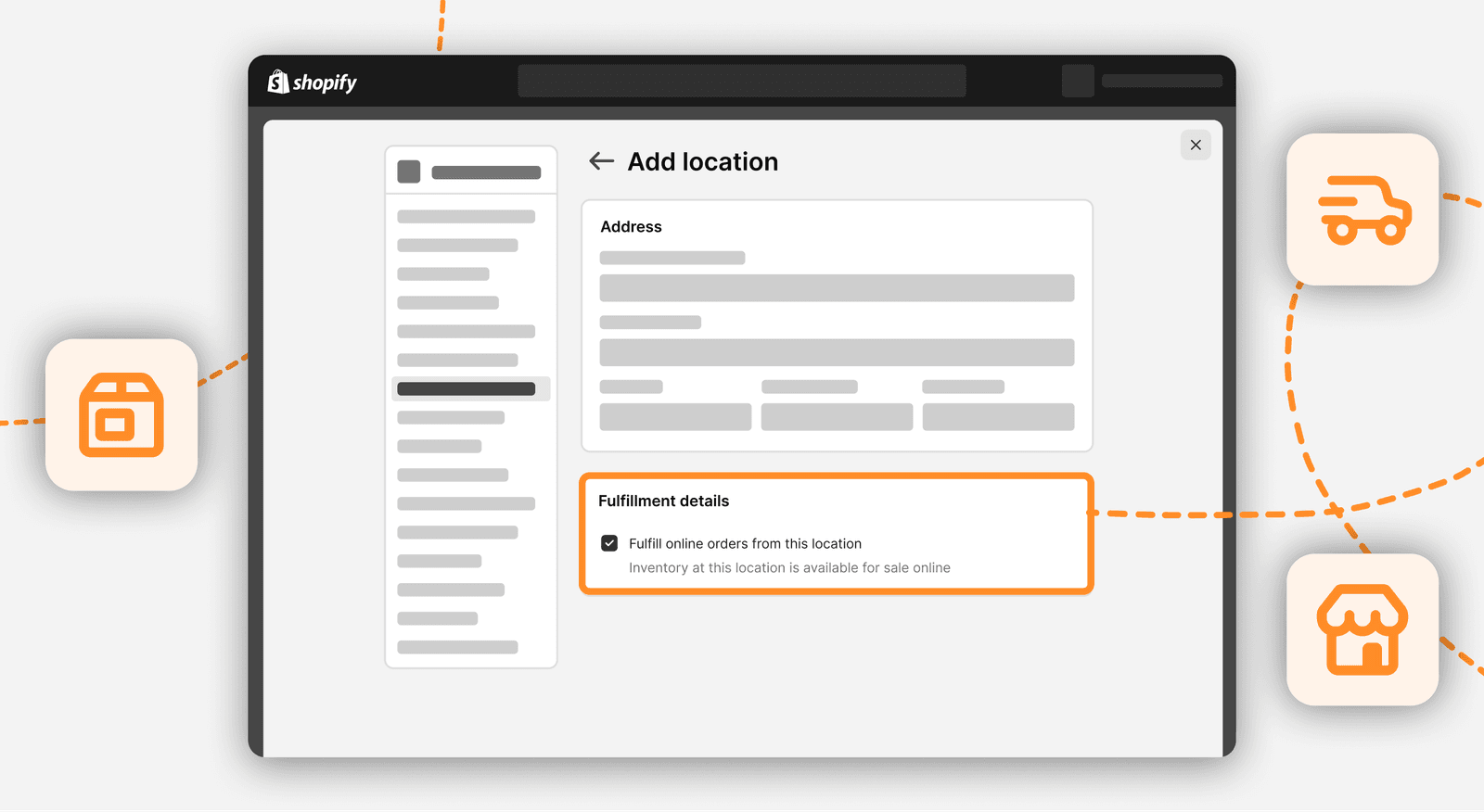 The Add location screen with the Fulfillment details card highlighted, containing a single checked box labelled Fulfill online orders from this location. Dashed lines radiate out from it to three icons representing local delivery, shipping, and pickup in store.