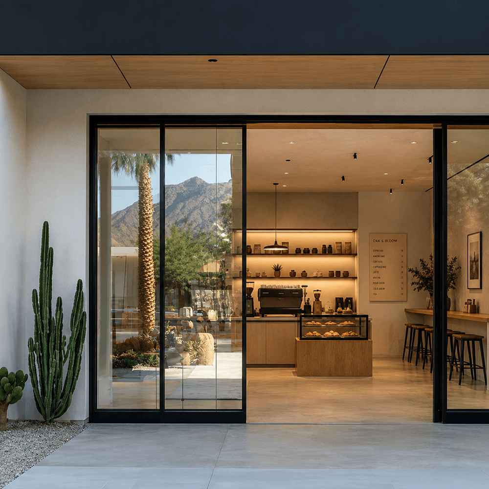 Photo of a storefront with glass doors open to the interior