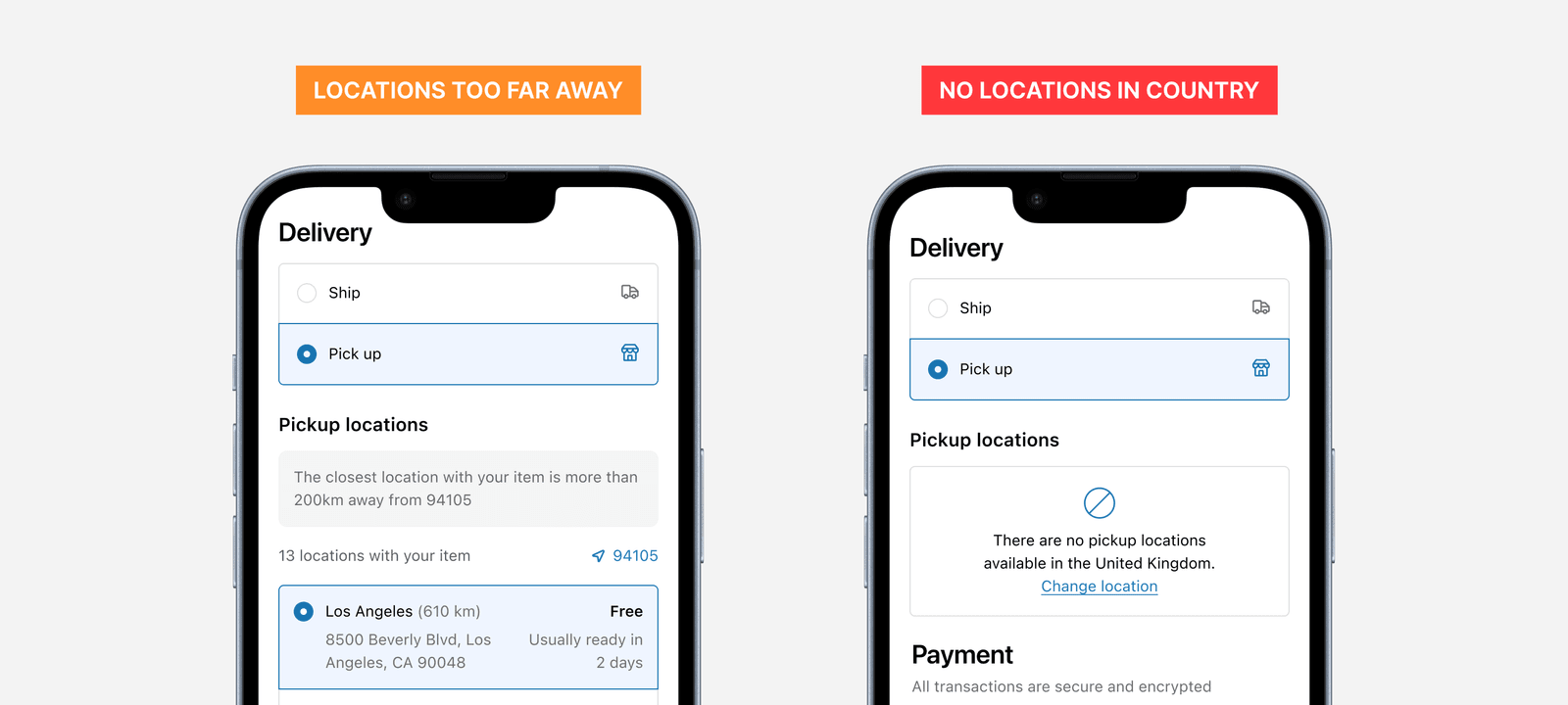 Two phone checkouts. On the left, labelled Locations too far away, a note reads the closest location with your item is more than 200km away from 94105, above a Los Angeles location 610km out. On the right, labelled No locations in country, the pickup panel reads there are no pickup locations available in the United Kingdom, with a change location link.