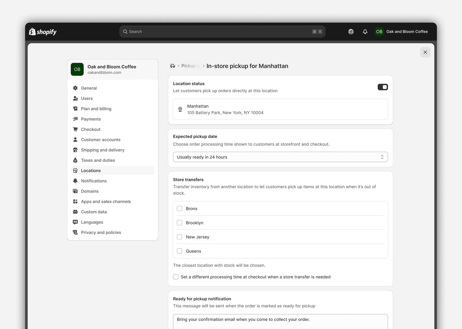 The rebuilt in-store pickup settings page for the Manhattan location, showing location status, expected pickup date, a Store transfers card listing Bronx, Brooklyn, New Jersey and Queens as possible source locations, and a ready-for-pickup notification.