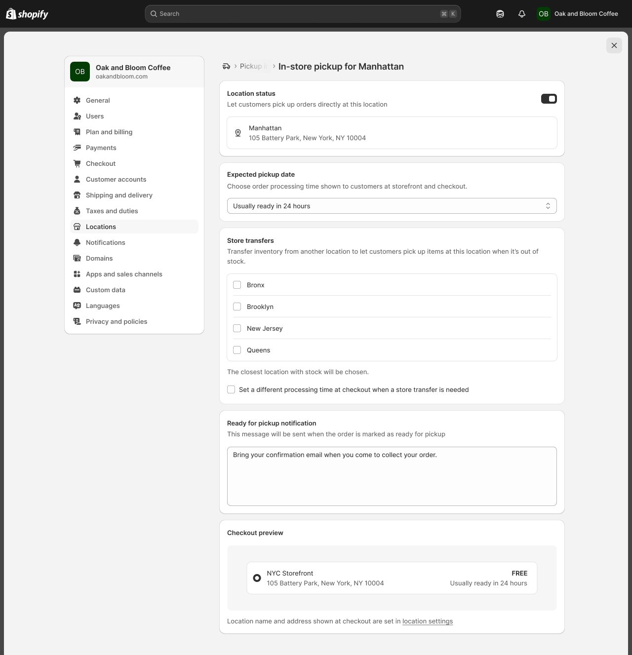 In-store pickup settings page with a Store Transfers section