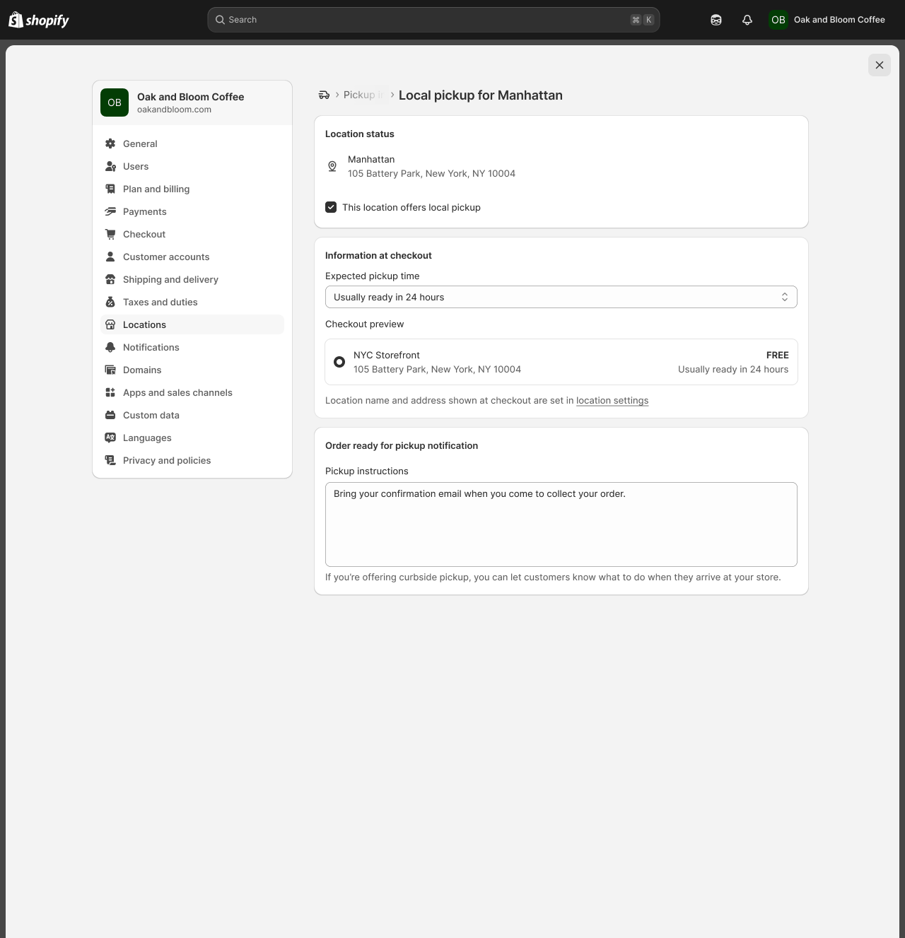 Before: Local Pickup settings page with no way to source inventory from elsewhere
