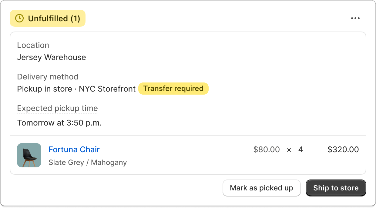 Order detail card showing a pickup-in-store order with a Transfer required badge