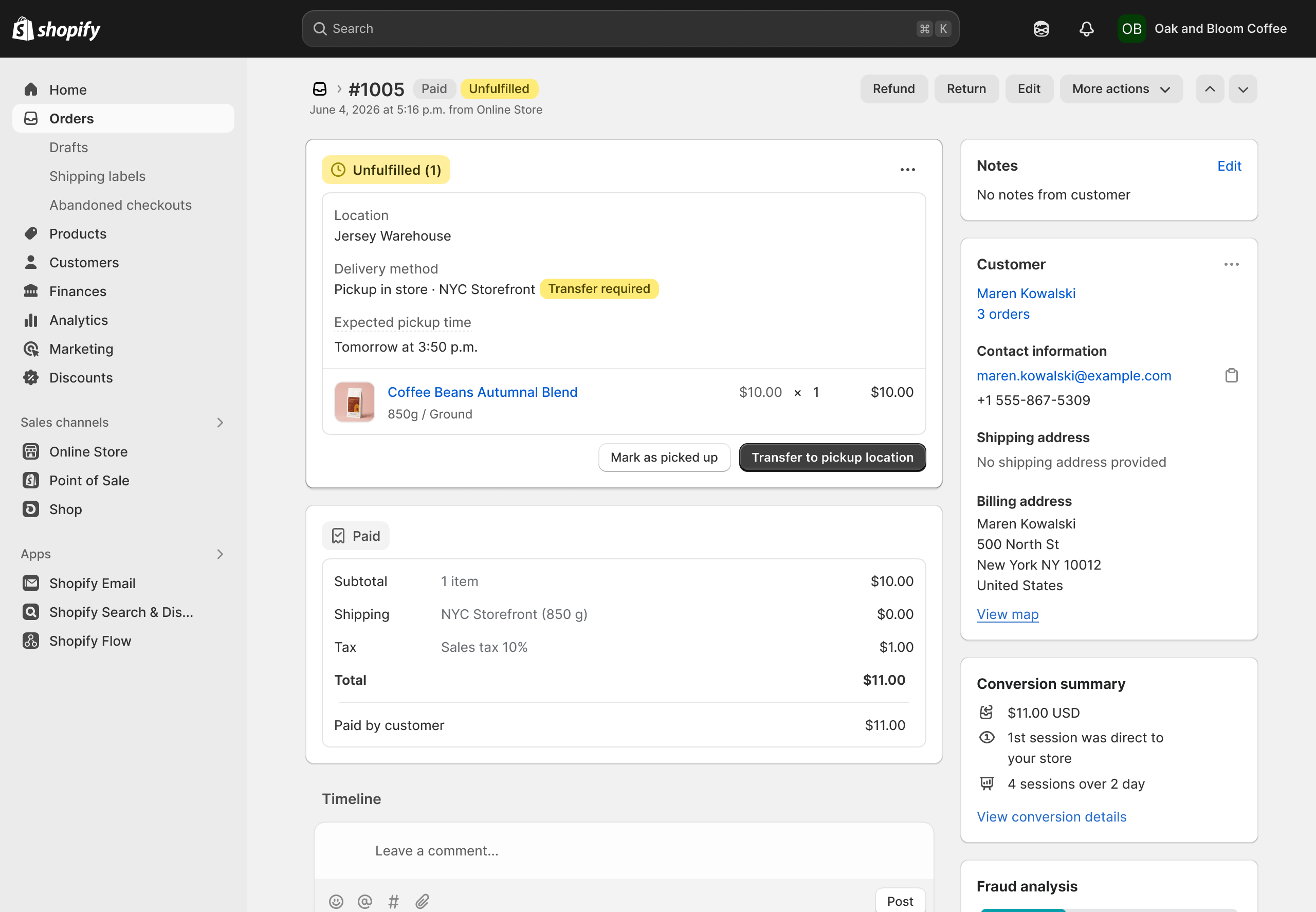Order page showing a Transfer required badge and a Transfer to pickup location button
