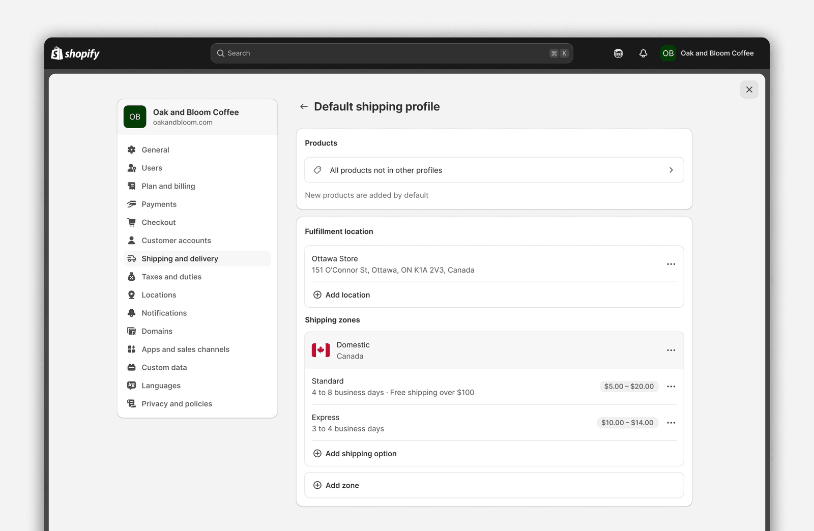 The Shopify admin on the Shipping and delivery settings page, showing a default shipping profile with a Products card, a Fulfillment location card listing the Ottawa Store, and a Domestic Canada shipping zone containing Standard and Express options.