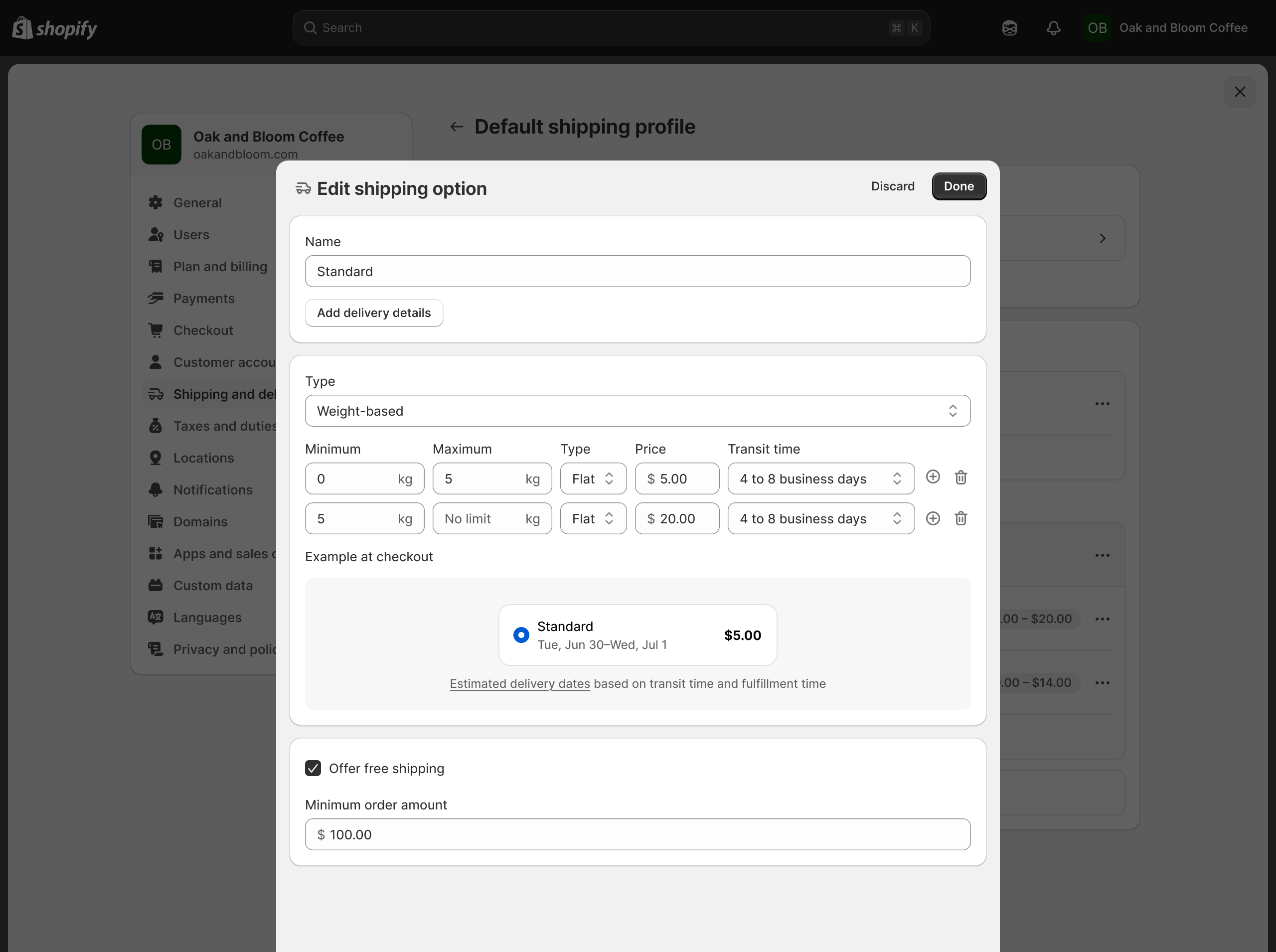 New shipping option sheet covers the screen and shows settings with a checkout preview