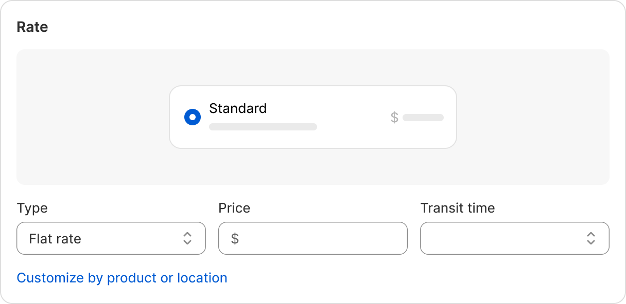 Rate editor panel with type, price, and transit time fields