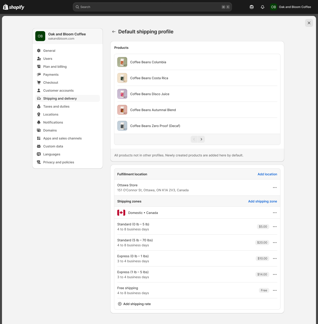 Before: old shipping profile page layout