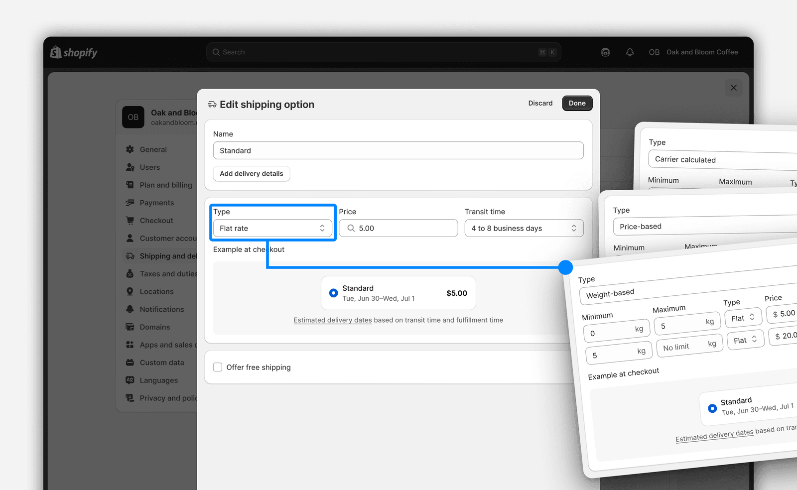 The Edit shipping option sheet with a Type field set to Flat rate, and a checkout preview below it. Fanning out to the right, three alternative cards show the same field set to Carrier calculated, Price-based, and Weight-based, the weight-based one expanding into minimum and maximum weight bands with their own prices.